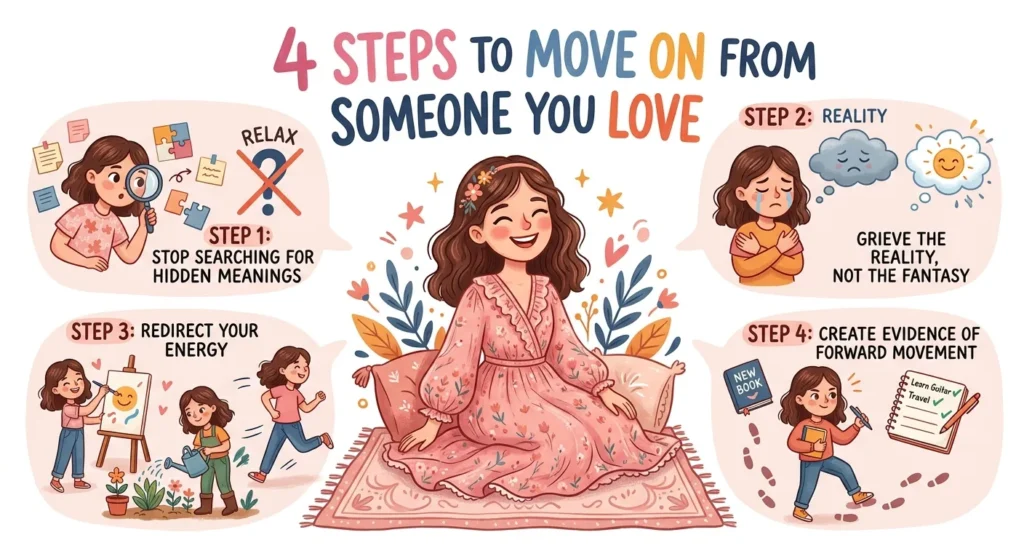 Infographic illustration of a girl in a pink dress outlining 4 steps to move on from someone you love, including stopping the search for hidden meanings, grieving reality, redirecting energy, and moving forward.