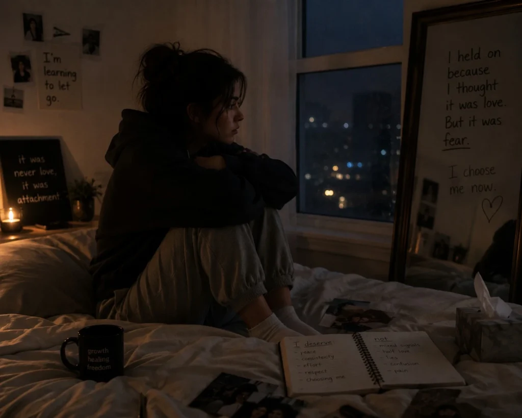 A lonely girl sitting by the window at night, looking sad and deep in thought, symbolizing emotional pain and trauma bonding.