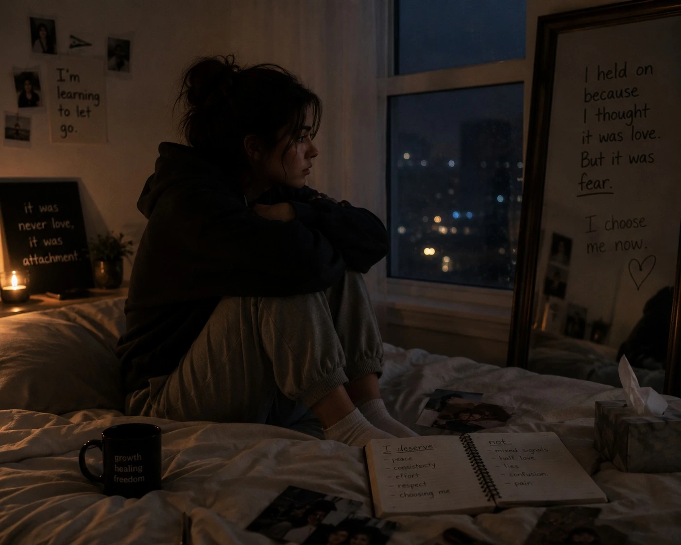A lonely girl sitting by the window at night, looking sad and deep in thought, symbolizing emotional pain and trauma bonding.