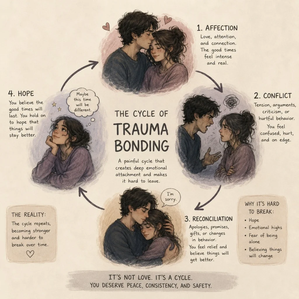 A diagram illustrating the stages of the trauma bonding cycle in a relationship, showing the loop of intense connection, mistreatment, and reconciliation.