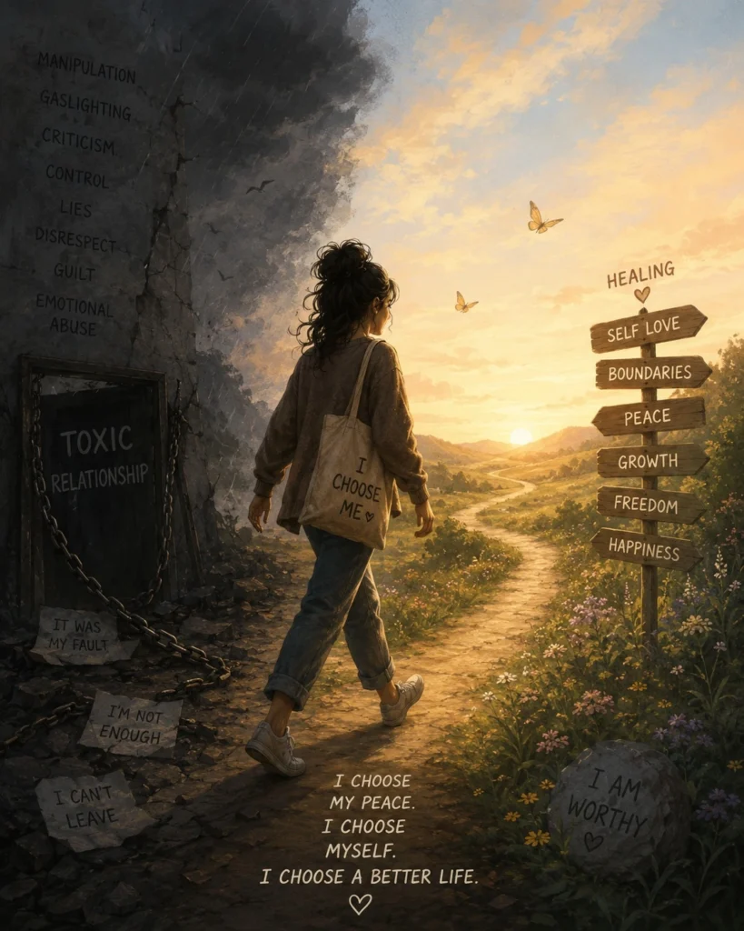A person walking alone down a path toward a bright horizon, representing healing and breaking free from trauma bonding.