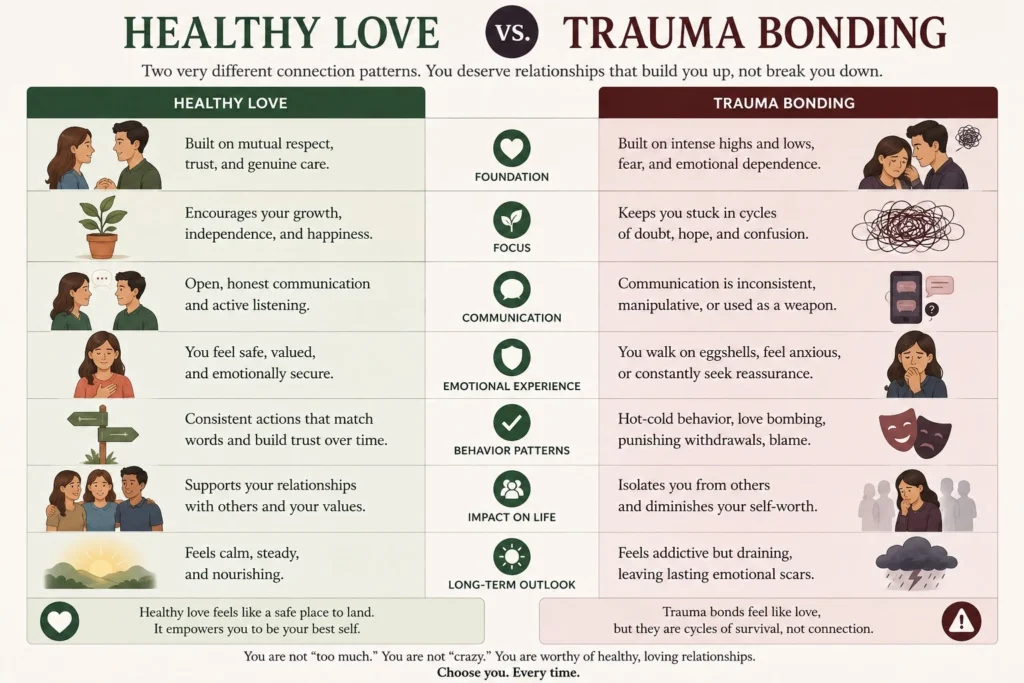 An infographic comparing the characteristics of Healthy Love versus Trauma Bonding in relationships.